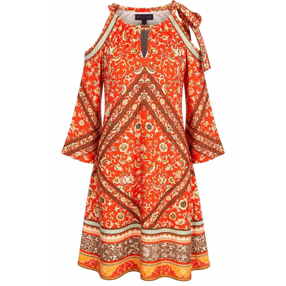 Hale Bob Dress L Orange Paisley Boho Fall Wedding Guest Cold Shoulder Resort